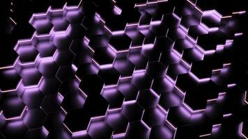 Cyber background with moving neon hexagons. Design. Cyber waves of neon hexagons on black background. Dark background with moving neon hexagons photo