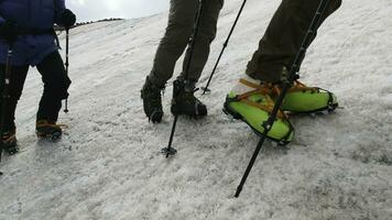 Climbers walk through snow. Clip. Feet of ascending climbers in special snow shoes on mountain tops. Feet of climbers walking one after other in shoes with spikes and with sticks for climbing photo