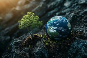 AI generated Global Earth On Soil In Forest With Ferns And Sun Shine photo