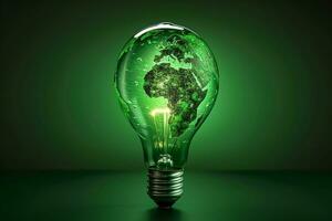 AI generated Green World Map Print On The Light Bulb With Green Theme photo