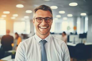 ai generado un contento sonriente profesional hombre, ligero borroso oficina fondo, de cerca ver foto