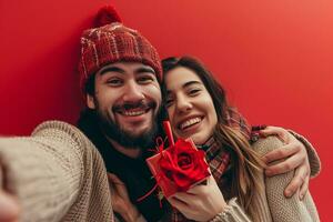 ai generado alegre encantador Pareja tomando selfie en san valentin día, contento enamorado día concepto foto