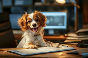 AI generated A happy puppy on desk, National Puppy Day photo