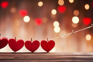 AI generated Happy Valentine's Day, Red hearts hang on wooden clothes pegs on a string, with bokeh lights in the background photo