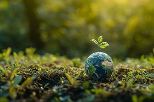 AI generated Global Earth On Soil In Forest With Ferns And Sun Shine photo
