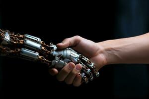 AI generated Handshake human and robot on electronic bokeh background photo