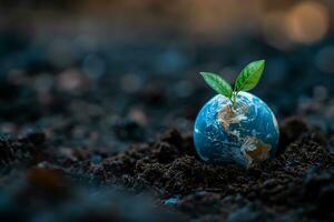 AI generated Global Earth On Soil In Forest With Ferns And Sun Shine photo