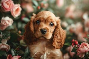 AI generated American cocker spaniel puppy very cute eyes with flowers photo