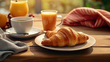 ai generado desayuno cuerno con un vaso té en el mesa ai generativo foto