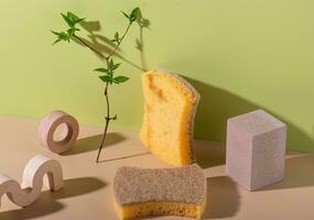 Eco cleaning with sponges, sustainable concept photo