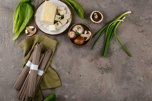 Raw soba noodles and cooking ingredient photo