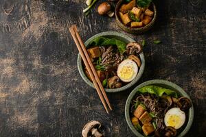 Soba noodle with tofu and mushroom photo