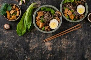Soba noodle with tofu and mushroom photo