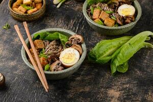 Soba noodle with tofu and mushroom photo