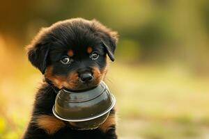 AI generated Rottweiler puppy holding a bowl in his mouth photo