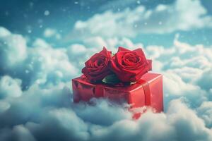 ai generado rojo regalos con Rosa flores en cielo azul nubes, contento enamorado día concepto foto