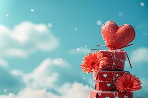 ai generado rojo regalos con Rosa flores en azul nublado fondo, contento enamorado día concepto foto