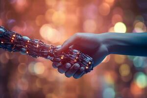 AI generated Handshake human and robot on electronic bokeh background photo