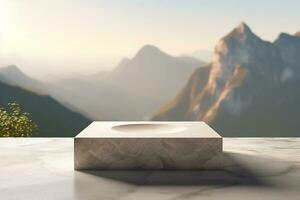 AI generated Stone podium in nature for product display, landscape view in background photo