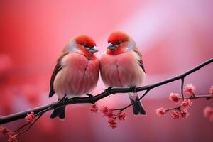 AI generated butterflies on red color background surrounded by romantic atmosphere of floating hearts. Happy valentine day concept photo