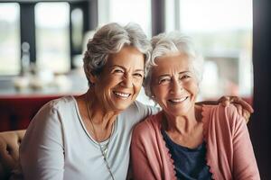 AI generated Two happy senior citizen women, day light blurry background photo