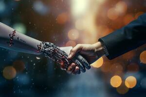 AI generated Handshake human and robot on electronic bokeh background photo