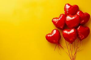 AI generated Red heart shaped balloons on yellow background, Saint Valentine's day celebration photo