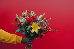 AI generated Man's hand holding beautiful flower bouquet on red background, closeup view. Space for text, Happy valentine's day concept photo