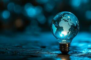 AI generated Blue World Map Print On The Light Bulb With Blue Theme photo