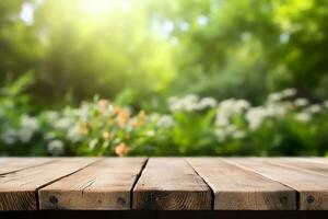 AI generated Empty wooden table for product display photo