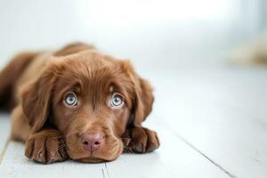 ai generado adorable marrón perrito en blanco antecedentes foto