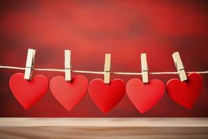 AI generated Red hearts hang on wooden clothes pegs on red color background, Happy valentine day concept photo