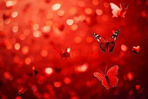 AI generated red color background surrounded by romantic atmosphere of floating Red heart shaped cutout papers photo