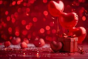 AI generated red color background surrounded by romantic atmosphere of floating Red heart shaped cutout papers photo