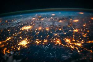 AI generated Closeup the planet Earth view at night and city lighting photo