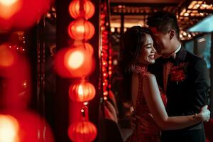 AI generated Lovely couple in happiness together, luxurious setting Happy valentine day concept photo