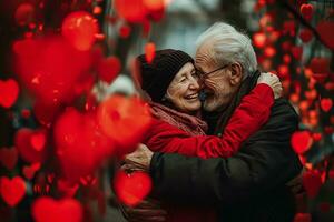 AI generated Elderly smiling couple portrait tenderly surrounded by romantic atmosphere of floating hearts. photo