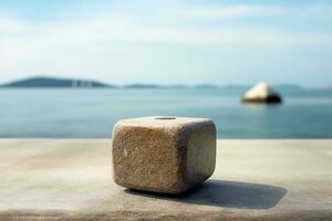 AI generated Stone podium in nature for product display, landscape view in background photo