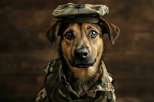 AI generated cute dog wearing army uniform photo