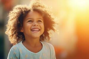 AI generated A happy smiling kid who is coloring on the book, lite blurry background, closeup view photo