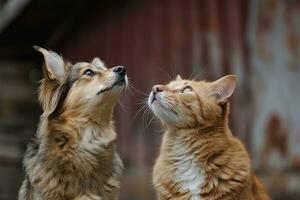 ai generado atento perro y gato mirando arriba en mismo dirección foto