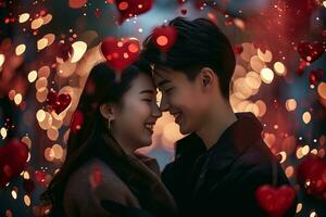 AI generated Yung smiling couple portrait tenderly surrounded by romantic atmosphere of floating hearts. photo