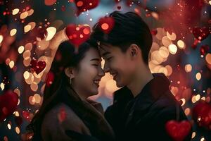 AI generated Yung smiling couple portrait tenderly surrounded by romantic atmosphere of floating hearts. photo