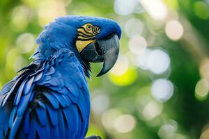 ai generado adorable actitud de vívido azul jacinto guacamayo con borroso verde bosque foto