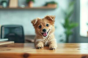 AI generated A happy puppy on desk, National Puppy Day photo