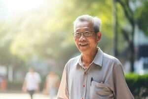 AI generated A happy senior citizen who is walking and blurry background photo