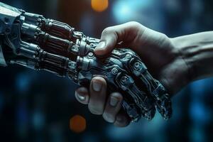 AI generated Handshake human and robot on electronic bokeh background photo