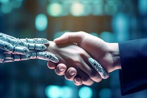 AI generated Handshake human and robot on electronic bokeh background photo