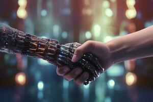 AI generated Handshake human and robot on electronic bokeh background photo