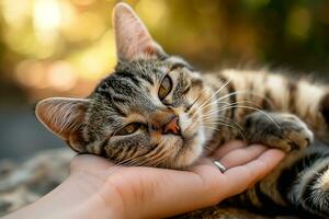 AI generated Cute cat laying on the hand photo